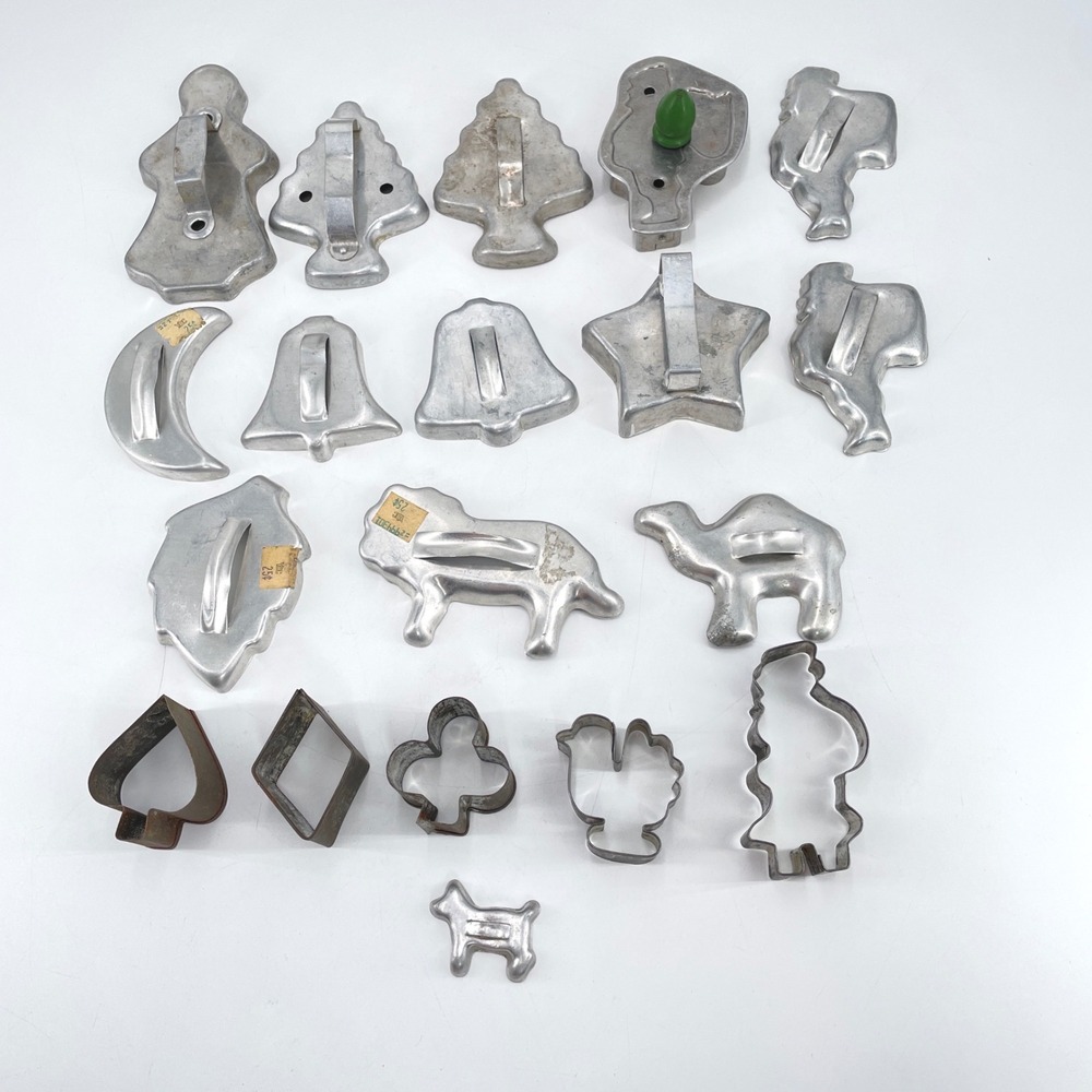 Vintage Aluminum Cookie Cutter Lot 19pc Mixed Christmas Animals Stars Hearts